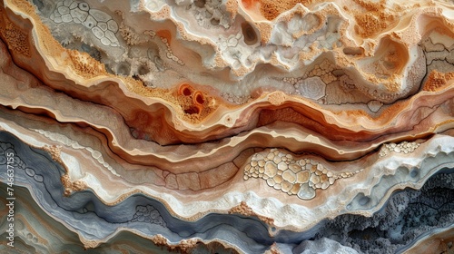 A detailed image showing the stratified layers of minerals with varied earth tones and intricate textures.