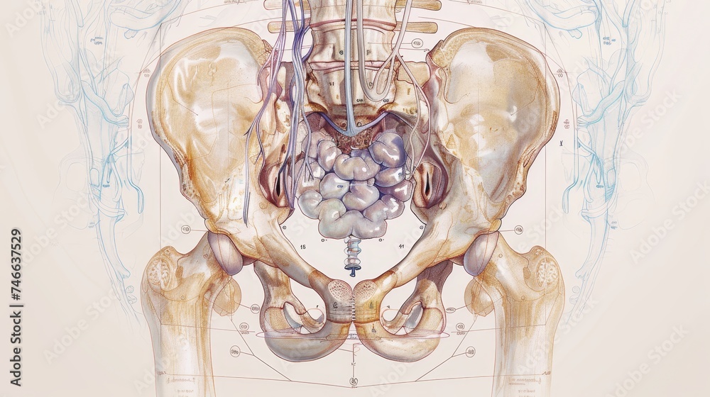 Anatomical illustration showcasing a detailed human digestive system within a semi-transparent body outline.