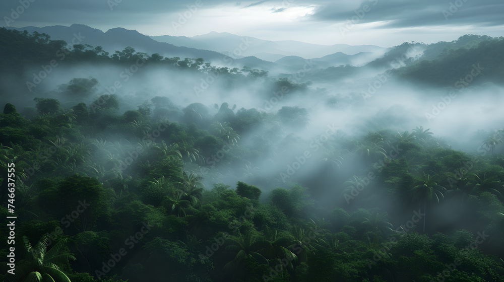 Green forest in fog, shot from above. Mysterious tropics, thicket of forest. Concept template ecology, deforestation, importance of oxygen
