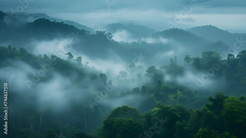 Green forest in fog, shot from above, early morning. Mysterious tropics, thicket of forest. Travel concept template, beautiful places