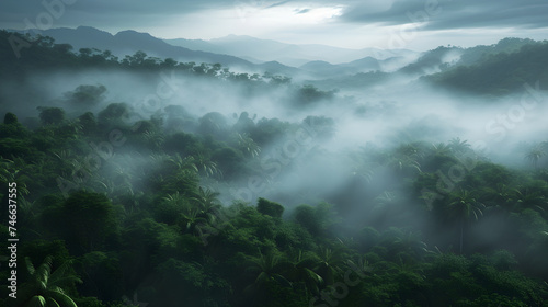 Green forest in fog, shot from above. Mysterious tropics, thicket of forest. Concept template ecology, deforestation, importance of oxygen