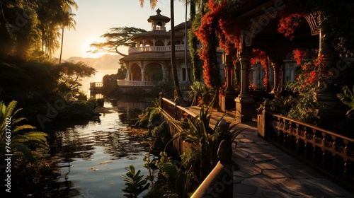 a house with palm trees and a wooden staircase leading to a lake with sunrise over it  i can t believe how beautiful this is  princesscore  rich and immersive  white and orange