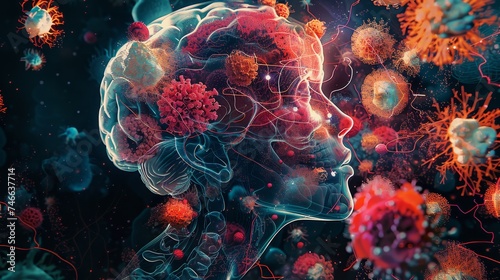 An evocative conceptual visualization showcasing viruses interacting with the neural pathways of the human brain, symbolizing neurological impact or infection.
