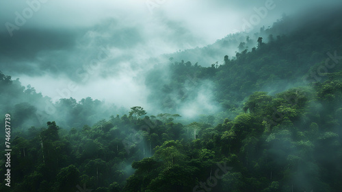 Green forest in fog, shot from above. Mysterious tropics, thicket of forest. Concept template ecology, deforestation, importance of oxygen © Cato_Ri
