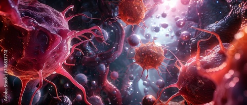 A highly detailed 3D illustration of cancer cells with tentacle-like structures in a microscopic view, highlighting the complexity of the disease.