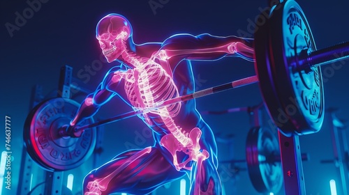 A 3D anatomical visualization of a human skeleton performing a weightlifting exercise, highlighting muscle engagement and bone structure. photo