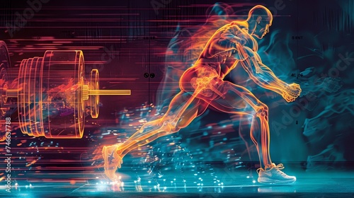 A dynamic 3D representation of a human muscular system during a deadlift exercise, showcasing muscle activation and movement.