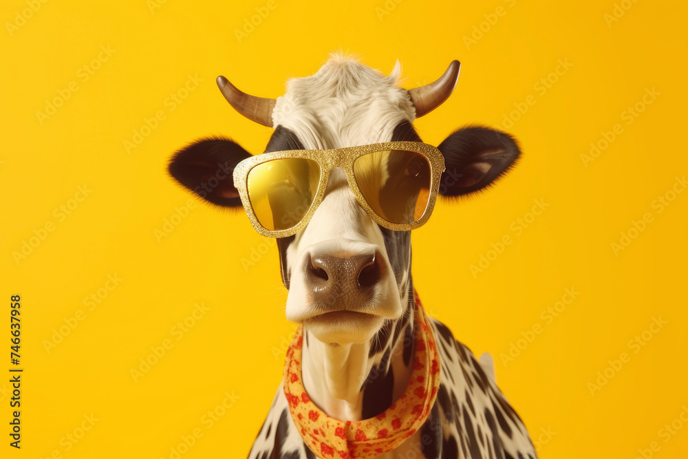 Fashionable Cow Wearing Sunglasses and Scarf