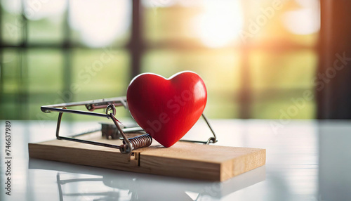 Red heart caught in mouse trap on white table, symbolizing love's entrapment. Bright backlight with windows in background photo