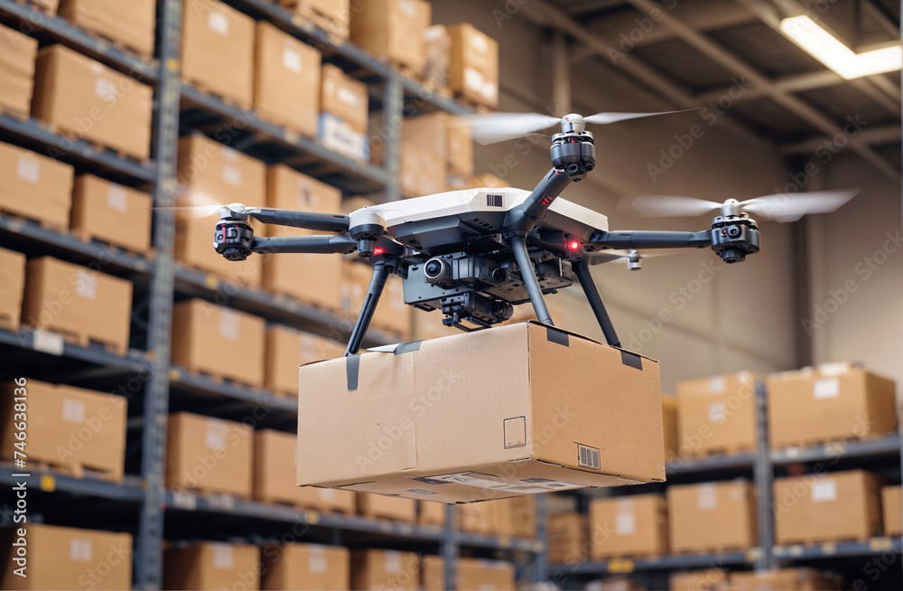 A drone carrying a box flies through a warehouse