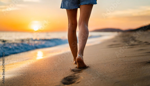 woman's legs and feet leave delicate footprints in the sand, adorned in a short dress, symbolizing beauty and freedom on the beach © Your Hand Please