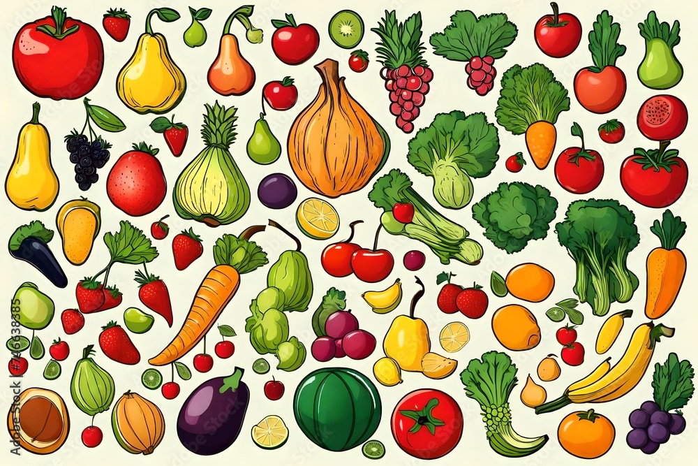 Set of fruits and vegetables Vector fruits and vegetables icon set ...
