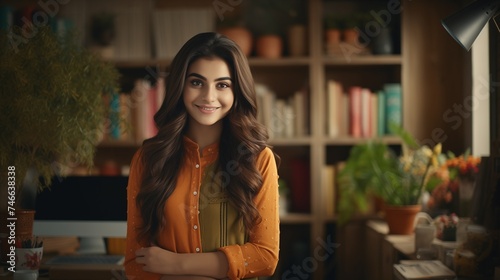 A cheerful girl standing at a home office, looking directly at the camera with a bright and engaging expression, surrounded by a cozy and well-lit workspace with personal touches