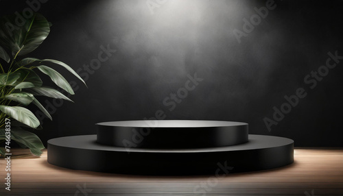 Black podium on dark background, ideal for presentations and advertising, conveying authority and sophistication photo
