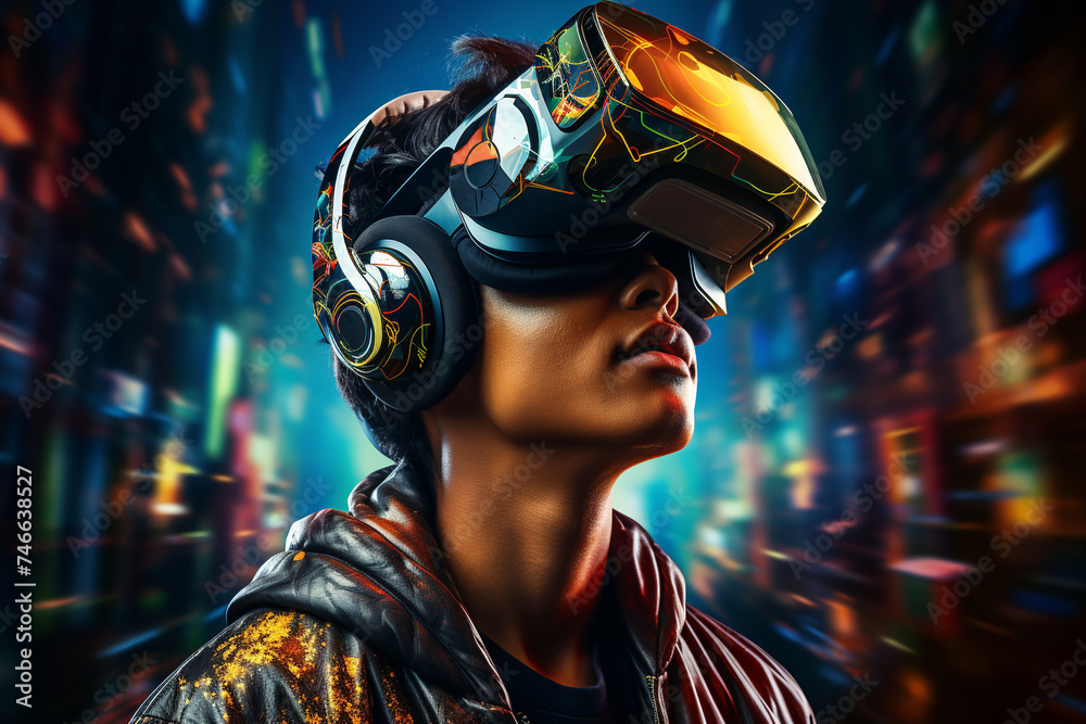young man wearing a virtual realityr device in front of a city scene, retro-futuristic cyberpunk young man wearing a virtual realityr device in front of a city scene, retro-futuristic cyberpunk