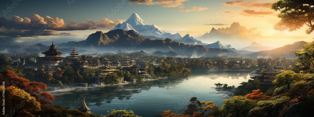 a lake is featured around a village of houses, in the style of cityscape views, green academia, mountainous vistas, golden light, dada-inspired constructions, majestic ports - obrazy, fototapety, plakaty 