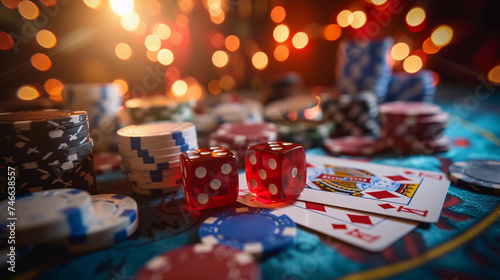 Casino chips and red gaming dice and poker cards, on dark background with bokeh, blur golden background. Concept of casino game poker, card playing, gambling chips banner backdrop background