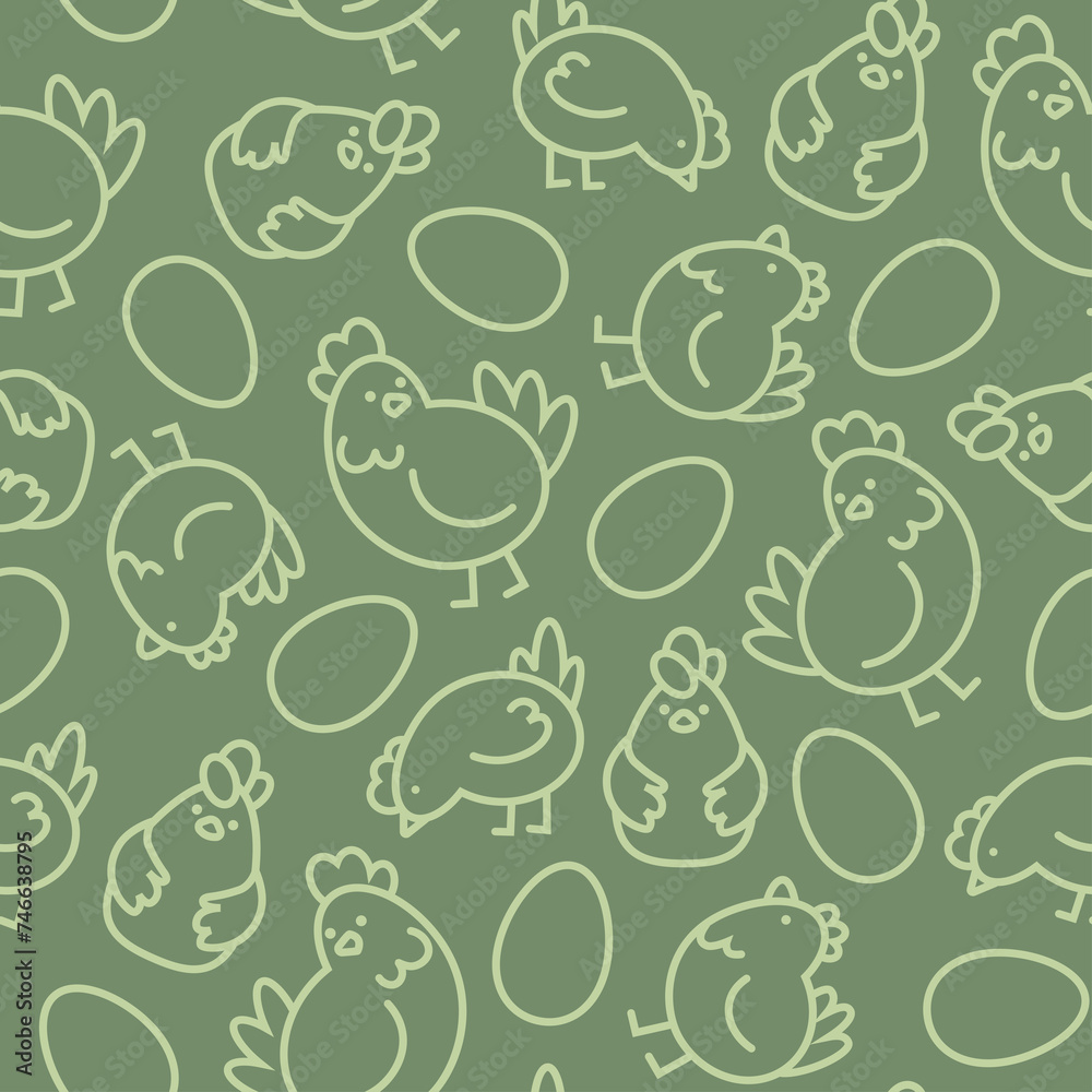 Green Easter seamless pattern of linear chickens and eggs Green Easter seamless pattern of linear chickens and eggs