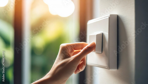 woman's hand adjusts home light switch, symbolizing control, comfort, modern living
