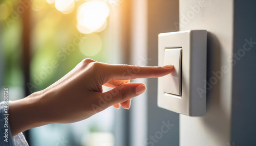 woman's hand adjusts home light switch, symbolizing control, comfort, modern living