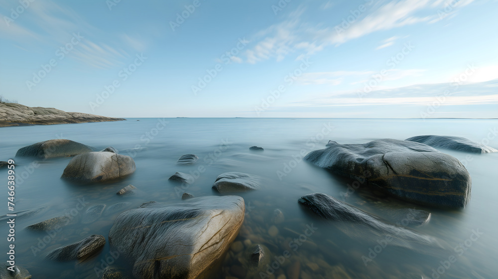 Stone shore of the ocean or sea. Calm water surface and horizon. Banner concept template of nature, relaxation and tranquility, spa.