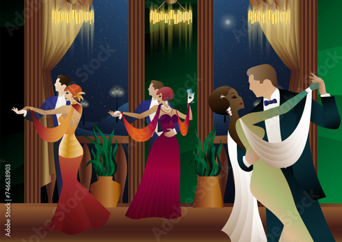 Man and woman dancing on the background of a balcony and lanterns, party, art deco, couple in retro style