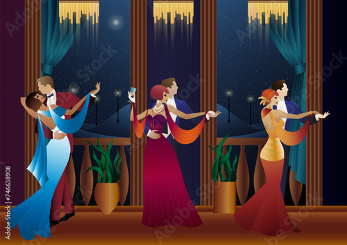 Man and woman dancing on the background of a balcony and lanterns, party, art deco, couple in retro style