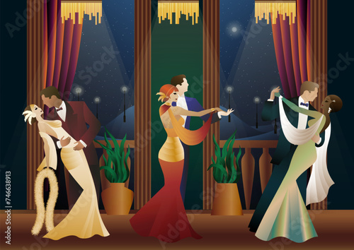Man and woman dancing on the background of a balcony and lanterns, party, art deco, couple in retro style