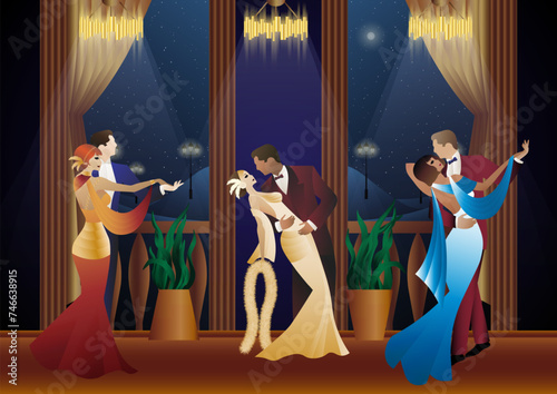 Man and woman dancing on the background of a balcony and lanterns, party, art deco, couple in retro style