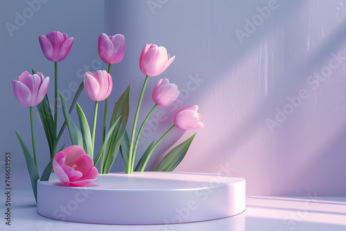 3D podium display, background with flowers.Minimal pedestal for beauty, product. space template 3d render 