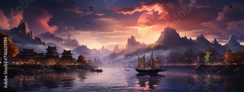 a lake with a lot of boats and buildings in the sun, in the style of confucian ideology, spectacular backdrops, dark purple and sky-blue, 32k uhd, luxurious opulence