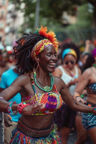 A vibrant street parade with people dancing joyfully, celebrating their cultural identity and resistance.