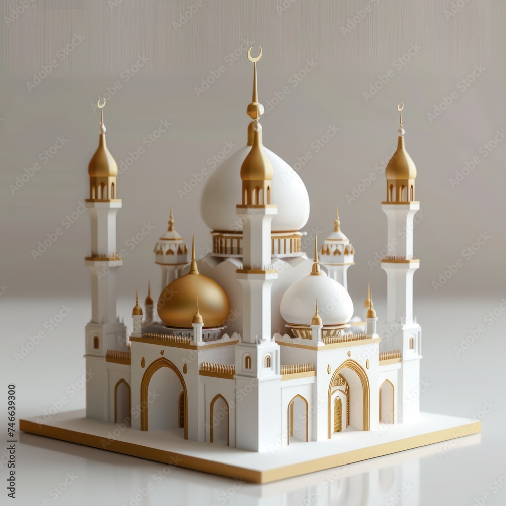 A 3D Islamic mosque, adorable toy realistic, in white and gold, for Ramadan Kareem design theme and wallpaper