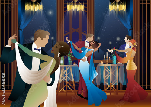 Man and woman dancing on the background of a balcony and lanterns, party, art deco, couple in retro style
