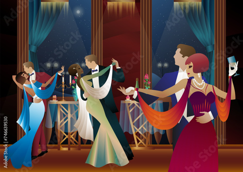 Man and woman dancing on the background of a balcony and lanterns, party, art deco, couple in retro style