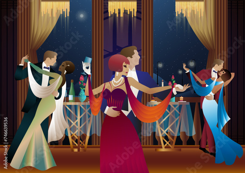 Man and woman dancing on the background of a balcony and lanterns, party, art deco, couple in retro style