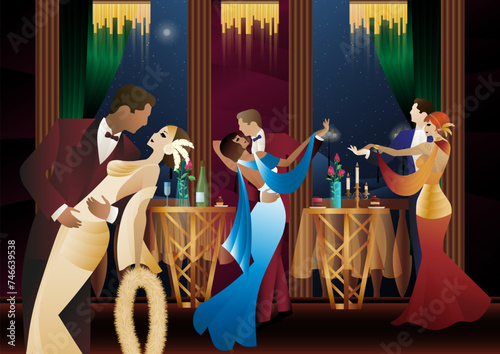 Man and woman dancing on the background of a balcony and lanterns, party, art deco, couple in retro style