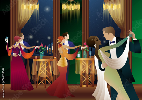 Man and woman dancing on the background of a balcony and lanterns, party, art deco, couple in retro style