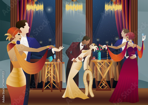 Man and woman dancing on the background of a balcony and lanterns, party, art deco, couple in retro style