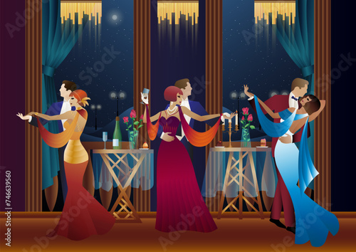 Man and woman dancing on the background of a balcony and lanterns, party, art deco, couple in retro style