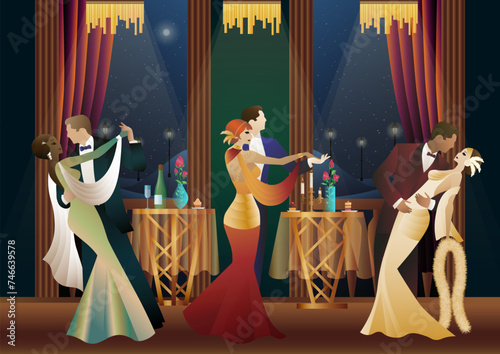 Man and woman dancing on the background of a balcony and lanterns, party, art deco, couple in retro style