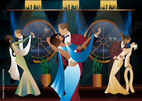Man and woman dancing on the background of a window and lanterns, party, art deco, couple in retro style