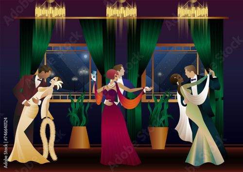Man and woman dancing on the background of a window and lanterns, party, art deco, couple in retro style