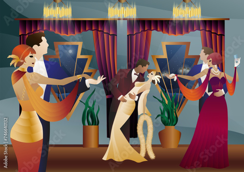 Man and woman dancing on the background of a window and lanterns, party, art deco, couple in retro style