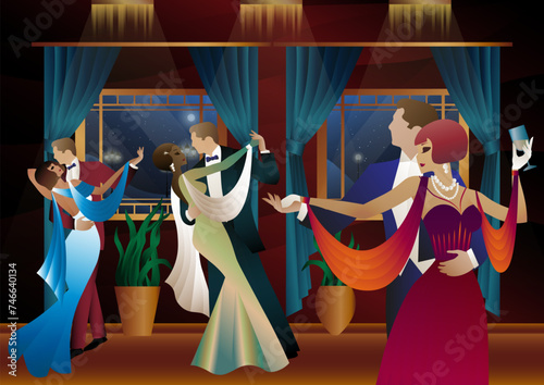 Man and woman dancing on the background of a window and lanterns, party, art deco, couple in retro style