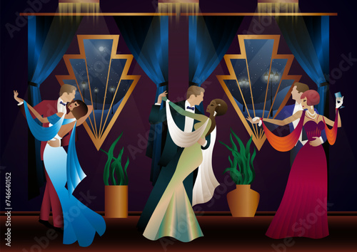 Man and woman dancing on the background of a window and lanterns, party, art deco, couple in retro style