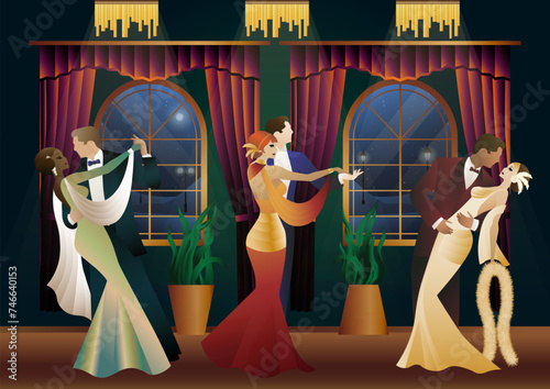 Man and woman dancing on the background of a window and lanterns, party, art deco, couple in retro style