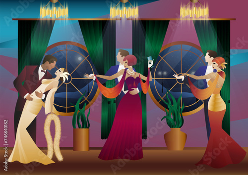 Man and woman dancing on the background of a window and lanterns, party, art deco, couple in retro style