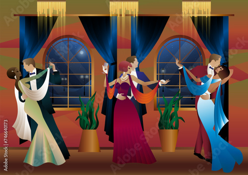 Man and woman dancing on the background of a window and lanterns, party, art deco, couple in retro style