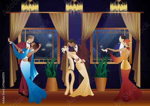 Man and woman dancing on the background of a window and lanterns, party, art deco, couple in retro style